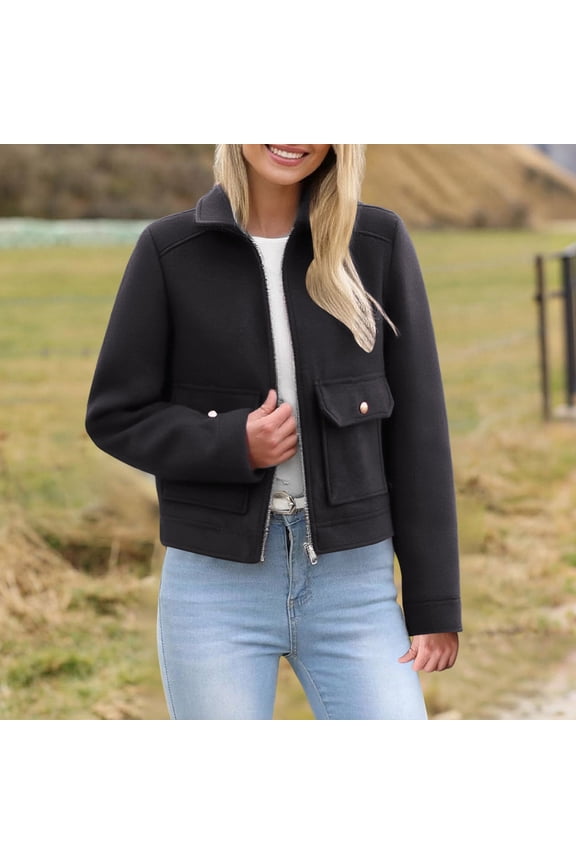 Crop Shacket for Womens Casual Full Zip Up Jacket Long Sleeve Trendy Coats Warm Winter Classic Clothing with Pockets Black M