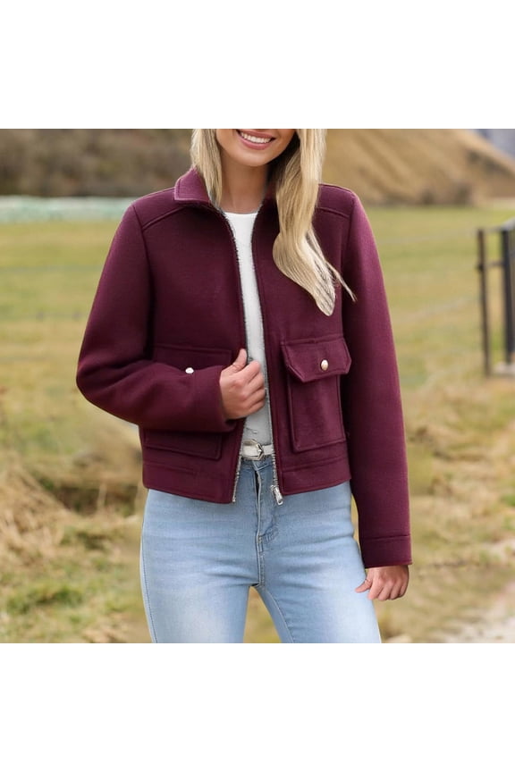 Crop Shacket for Womens Casual Full Zip Up Jacket Long Sleeve Trendy Coats Warm Winter Classic Clothing with Pockets Red M