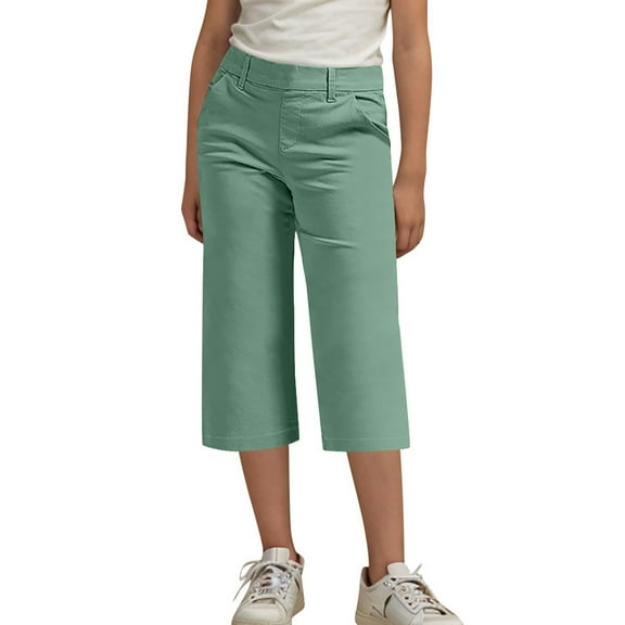 CQONEPT Crop Twill Chino Pant for Kids Girls Straight Leg Uniform Pants Workouts Activewear Outdoor Pant with Pockets Green 13 Years