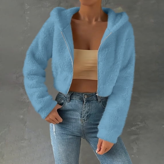 CQONEPT Cropped Hoodies for Womens Sherpa Fleece Sweatshirts Full Zip Solid Clothes Fluffy Casual Long Sleeve Shirts Light Blue S