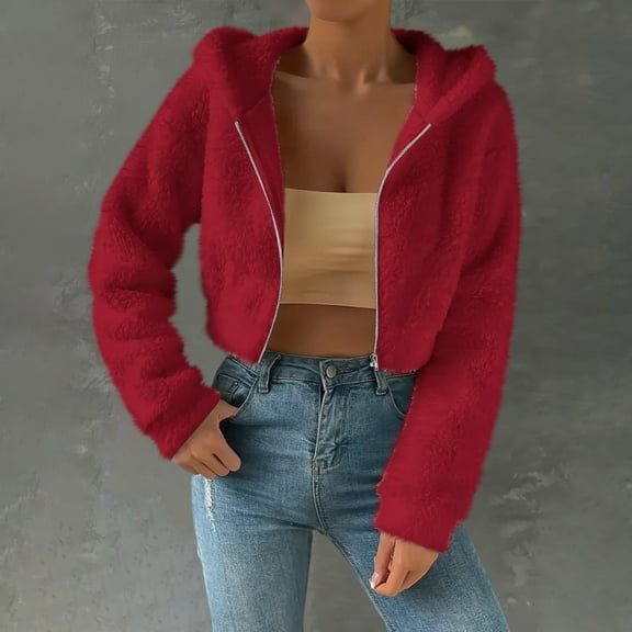 CQONEPT Cropped Hoodies for Womens Sherpa Fleece Sweatshirts Full Zip Solid Clothes Fluffy Casual Long Sleeve Shirts Red S