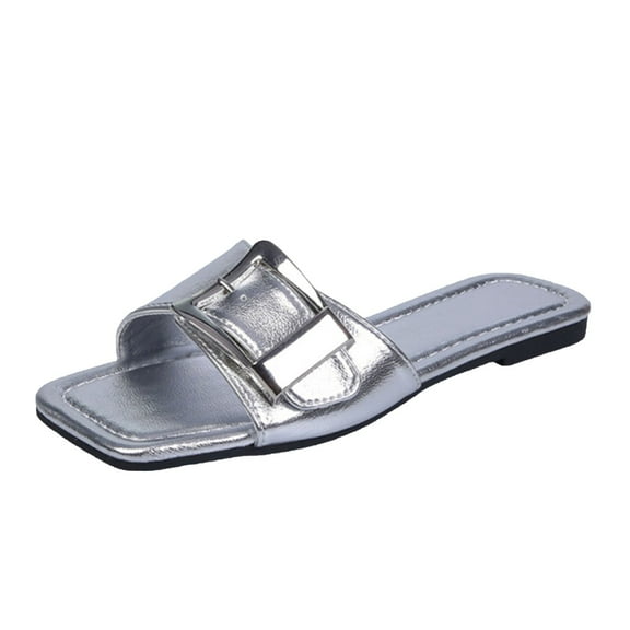 CQONEPT Cute Flat Slides for Womens Dressy Flat Sandals Summer Open Toe Sandals Flats Ankle Strap Comfortable Slip On Slide Sandals Fashion Shoes Silver Size 9