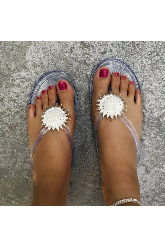 Cute Flat Slides for Womens, Rhinestone Jeweled Flat, Microfiber Comfort Walking Summer Beach Thong Sandals Floral Glitter Sparkly Dress Flip Flop Sandals Size 9 Clear