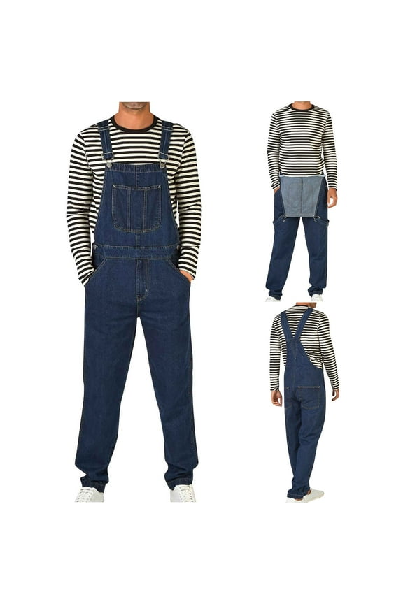 Denim Coveralls for Men Adjustable Strap Casual Fashion Straight Leg Romper Slim Fit Streetwear Fashion Jumpsuit with Pockets Dark Blue XXL