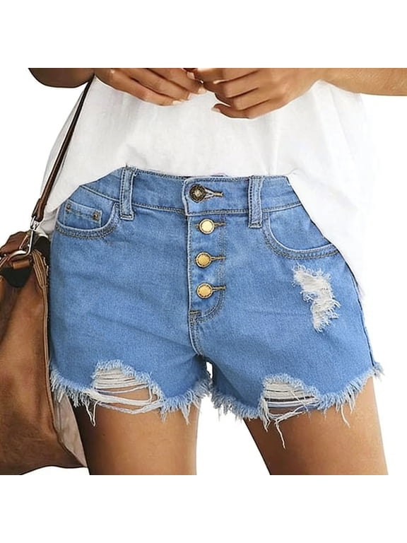 Denim Shorts for Womens Distressed Hem Edge Button Cut Off Ripped Short Jean Summer Y2k Jean with Pocket Light Blue S