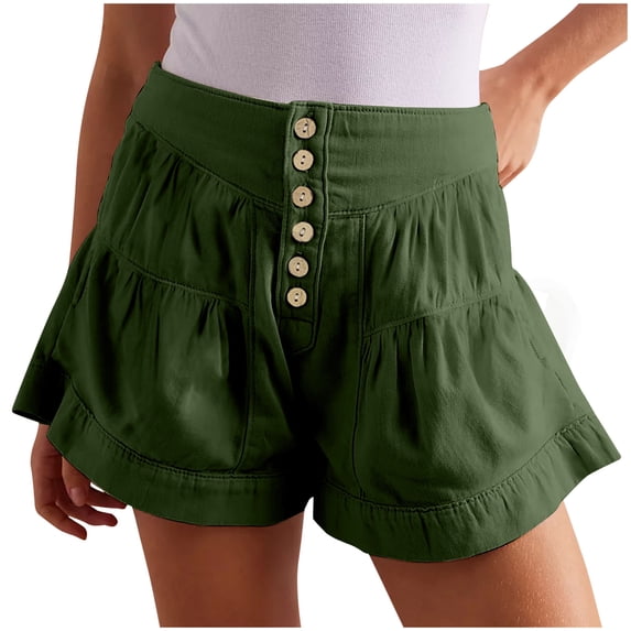CQONEPT Denim Shorts for Womens Summer Baggy High Waisted Flowy Wide Leg Buttons Pleated Casual Ruffle Fashion Jean Skorts Green 3XL