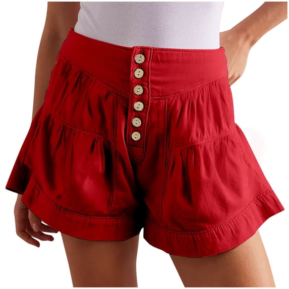 CQONEPT Denim Shorts for Womens Summer Baggy High Waisted Flowy Wide Leg Buttons Pleated Casual Ruffle Fashion Jean Skorts Red 2XL