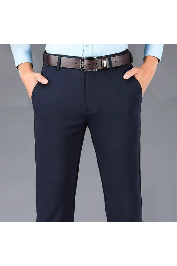 Dress Pants for Men Ice silk Wrinkle Free Slim Fit Pant Office Slacks Lounge Straight Leg Trousers with Pockets Navy 32