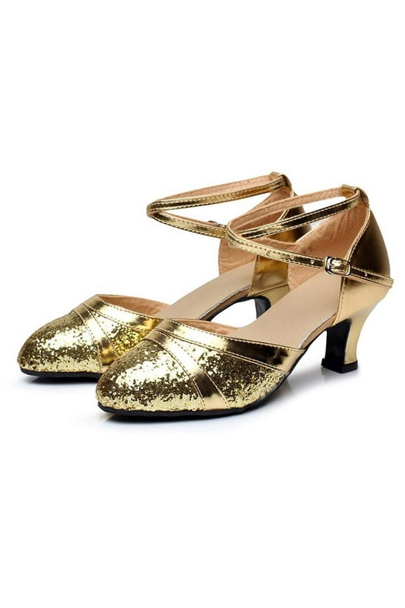 Dress Pump for Womens Dressy, Latin Dance Shoes Rhinestones Satin Ballroom Dancing Shoes Professional Dance Shoes Size 7.5 Gold