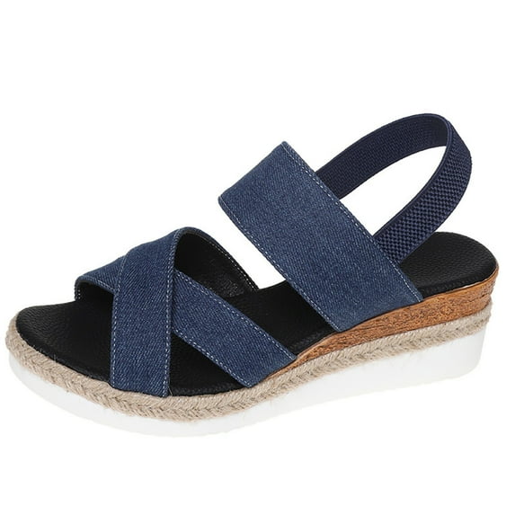 CQONEPT Espadrilles Flatform Sandals for Women, Ankle Strap Womens Wedge Sandals Open Toe Espadrille Wedge Sandals for Women Concise Casual Summer Womens Shoes Blue Size 7.5
