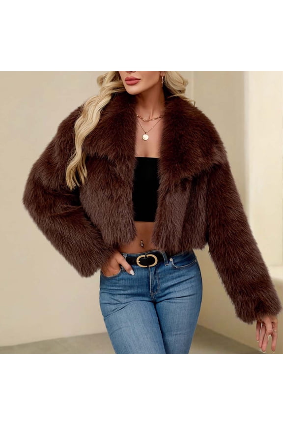 Faux Fur Coats for Womens Lapel Neck Thicken Cardigan Overcoat Sherpa Fleece Jackets Fuzzy Cozy Warm Clothes Coffee L