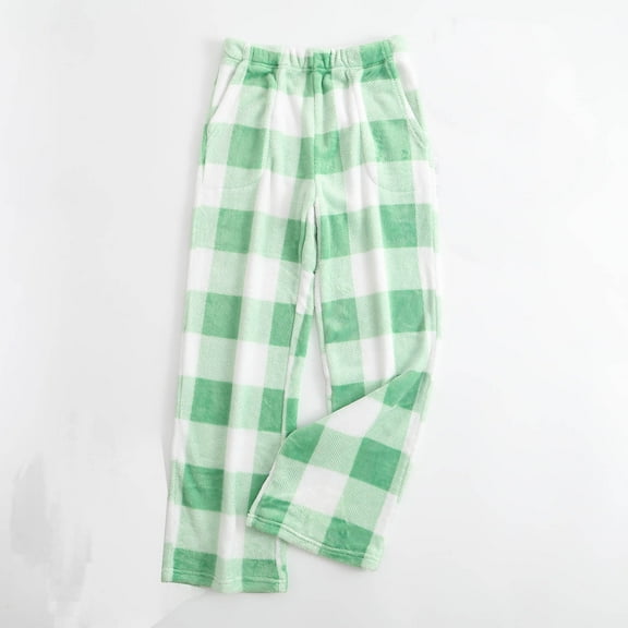 CQONEPT Flannel Pj Pants for Women Elastic Waisted Wide Leg Plaid Loungewear Loose Fit Pajama Bottom Home Pants Green L