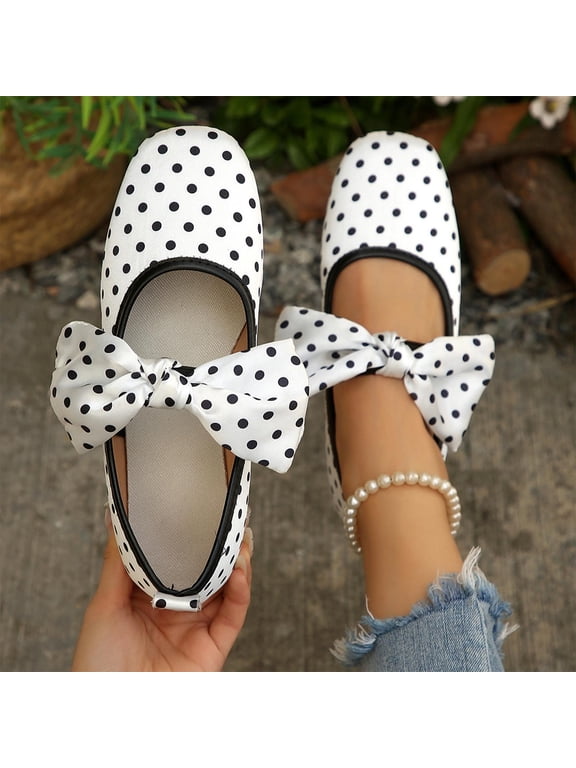 Flats for Women Polka Dot with Bow Split Toe Ballet Shoes Ballerina Slip On Cute Comfortable Casual Sandals White 44