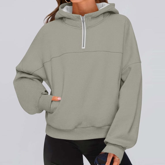 CQONEPT Fleece Lined Sweatshirts for Women 1/4 Zip Casual Loose Fit Hoodies Winter Trendy Pullover Tops Gray 2XL