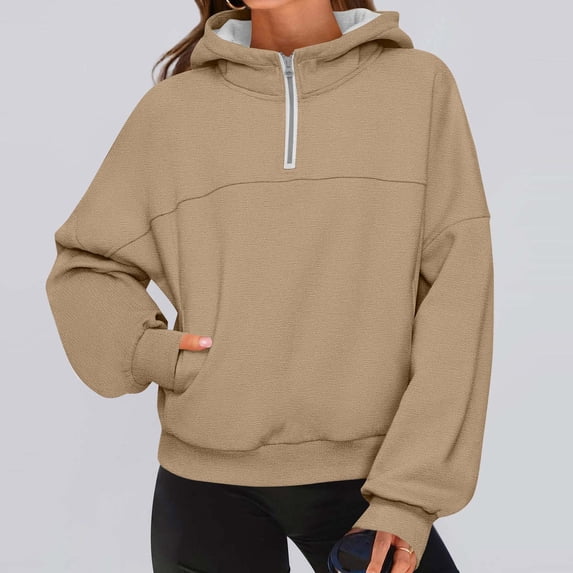 CQONEPT Fleece Lined Sweatshirts for Women 1/4 Zip Casual Loose Fit Hoodies Winter Trendy Pullover Tops Khaki S
