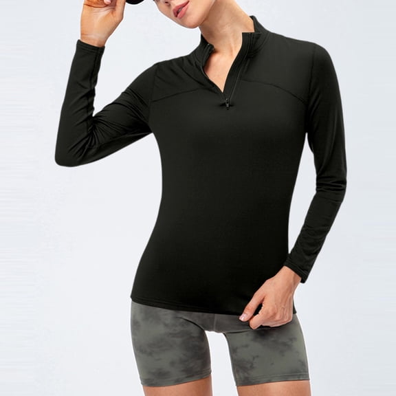 CQONEPT Fleece Top for Womens Slim Fit Lapel Neck Casual 1/4 Zip Tunic Tops Activewear Fall Fit Long Sleeve Shirts Black XL