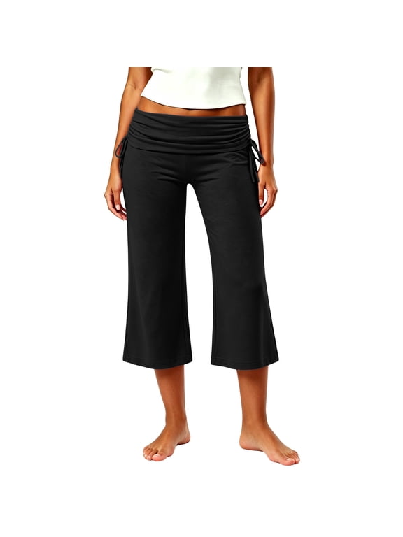 Fold Over Flared Capris for Women Y2K Low Stretchy Bootcut Leggings Slim Fit Cropped Yoga Pants Black S