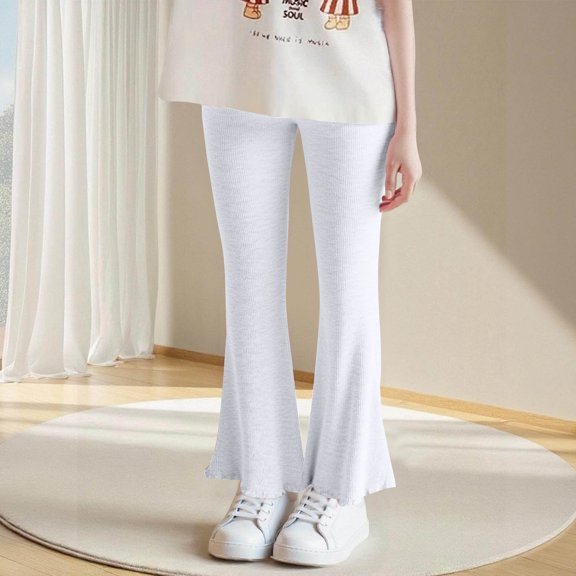 CQONEPT Girl's Fleece Lined Pants Bell Bottom Elastic Waist High Waist Athletic Jogger Pant with Pockets White 5 Years