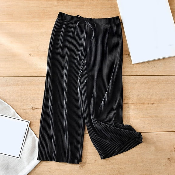 CQONEPT Girl's Ice Silk Crop Pants Drawstring Wide Leg Pants Baggy Sports Trendy Outdoor Trousers for Kids Black 8 Years
