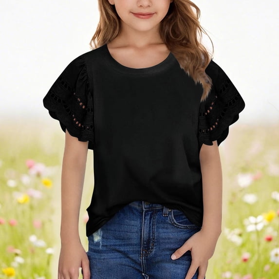 CQONEPT Girl's Summer Tops Crewneck Ruffle Sleeve Tee Hollow Out Blouses Teens Girls Dressy Casual Shirts Black 9 Years