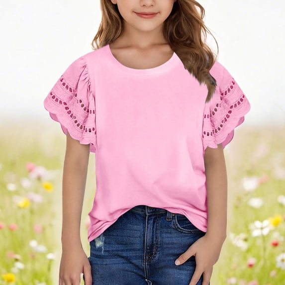 CQONEPT Girl's Summer Tops Crewneck Ruffle Sleeve Tee Hollow Out Blouses Teens Girls Dressy Casual Shirts Pink 11 Years