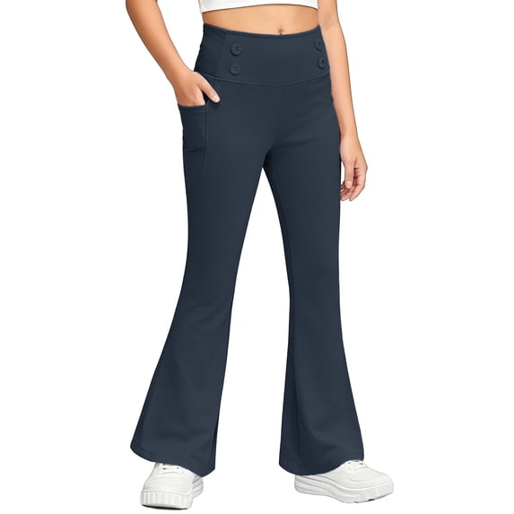 CQONEPT Girls Bell Bottom Pants Lounge Loose Lightweight Jogger Pant Button Fron Fashion Pants with Pockets Navy 5 Years