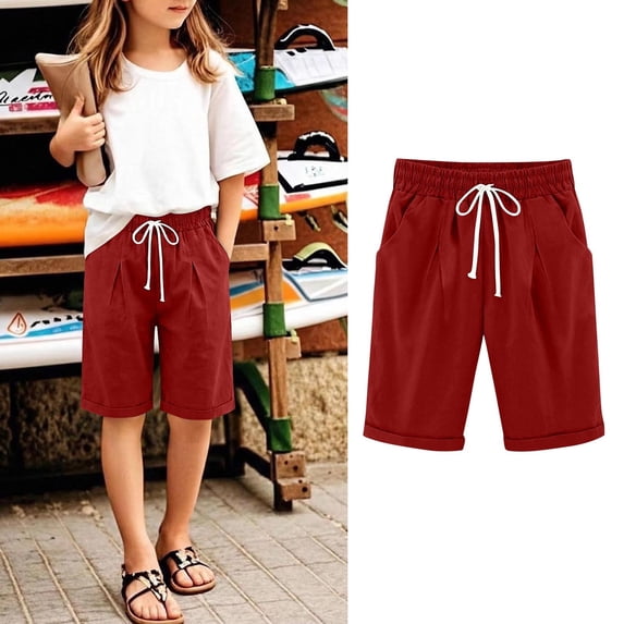 CQONEPT Girls Bermuda Shorts Knee Length Cute Clothes Long Shorts Adjustable Waist Straight Leg Pant 4-15 Years Red 12-13Years