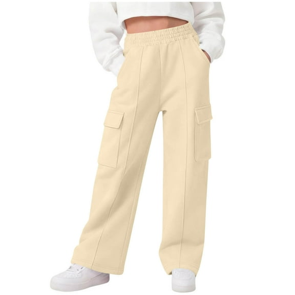CQONEPT Girls Cargo Pants Sports Running Stretchy Jogger Pant Elastic Waist Tapered Pants with Multi Pockets Beige 7-8 Years