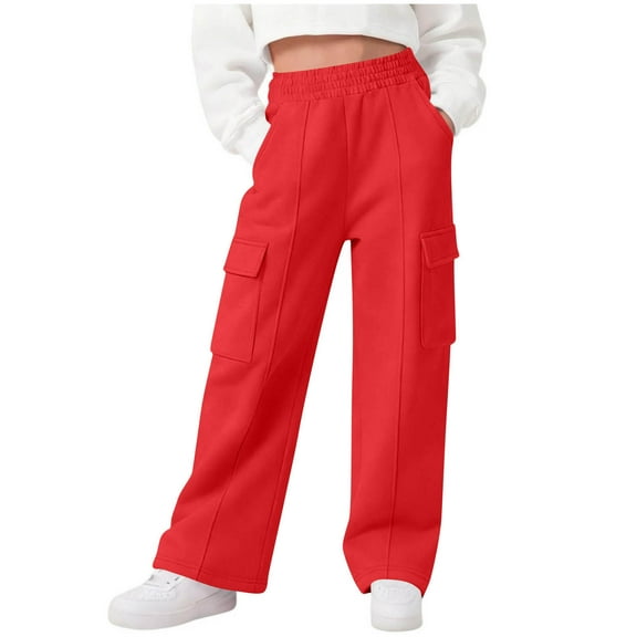 CQONEPT Girls Cargo Pants Sports Running Stretchy Jogger Pant Elastic Waist Tapered Pants with Multi Pockets Red 11-12 Years