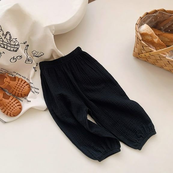 CQONEPT Girls' Cotton Linen Pants Casual Cute Elastic Waist Jogger Pant Fashion Lightweight Workouts Pants Black 6-7Years
