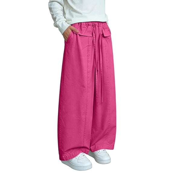 CQONEPT Girls' Cotton Pant with Pockets Wide Leg Baggy Fashion Pant Elastic Waist Solid Comfy School Trousers 2-14 Years Hot Pink 2-3 Years