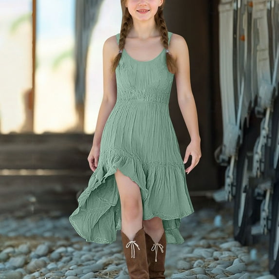 CQONEPT Girls Fashion Lace Patchwork Flowy High Low Dress Sleeveless Dresses for Teen Girls Summer Clothes Green 150