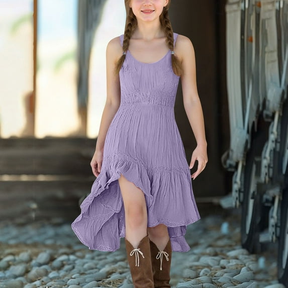 CQONEPT Girls Fashion Lace Patchwork Flowy High Low Dress Sleeveless Dresses for Teen Girls Summer Clothes Purple 130
