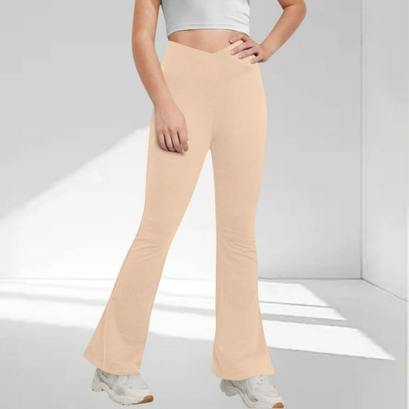 CQONEPT Girls Flare Leggings with Pockets High Waist Crossover Bell Bottoms for Girls High Waist Yoga Dance Pants Beige 12 Years