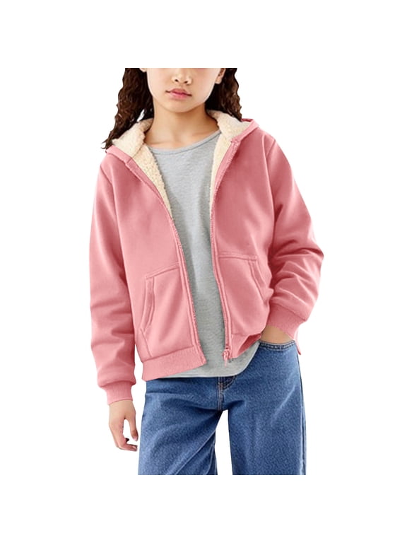 Girls Fleece Lined Zip Hoodie Sweatshirt Fall Winter Warm Fleece Jackets Fluffy School Uniform Sweater 5-14 Years 13 Years
