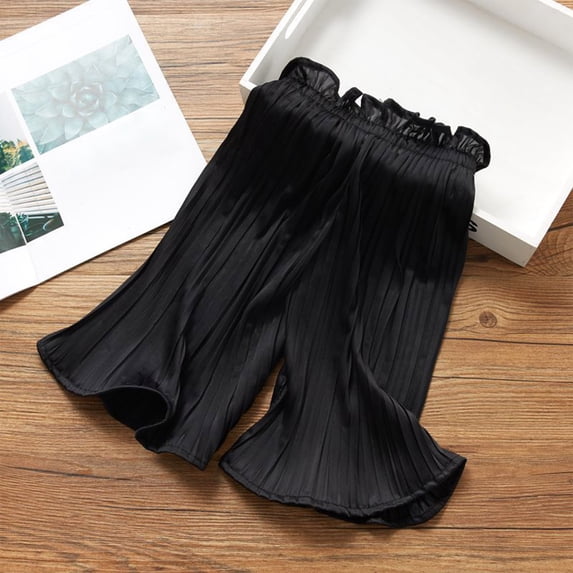 CQONEPT Girls Flowy Pants Elastic Waist Pleated Chiffon Pant Cropped Wide Leg Ruffle Loose Lightweight Trousers Black 3 Years