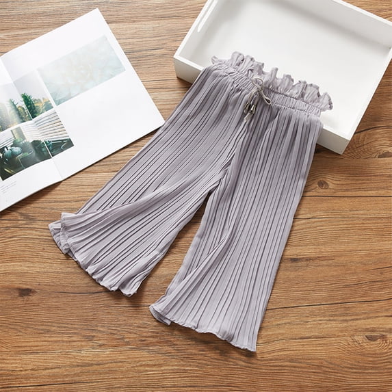 CQONEPT Girls Flowy Pants Elastic Waist Pleated Chiffon Pant Cropped Wide Leg Ruffle Loose Lightweight Trousers Gray 14 Years