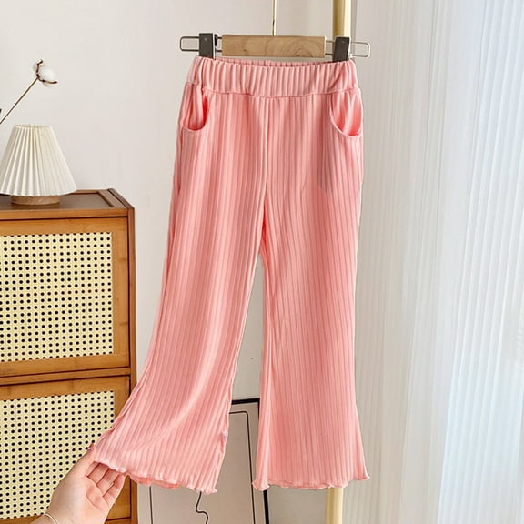 CQONEPT Girls Ice Silk Pants with Pockets Bell Bottom Baggy Casual Pant Streetwear Solid Color Pants for Girls Pink 100
