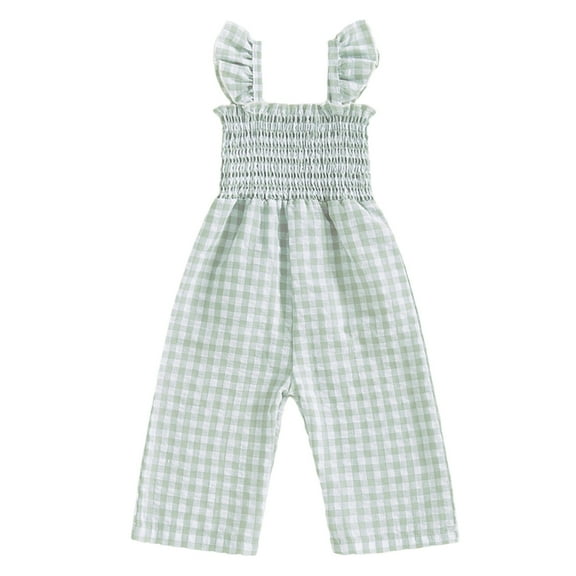 CQONEPT Girls' Plaid Overalls Elastic Waist Lounge Loose Sleeveless Jumpsuit Wide Leg Summer Beach Fashion Rompers Green 18 Months