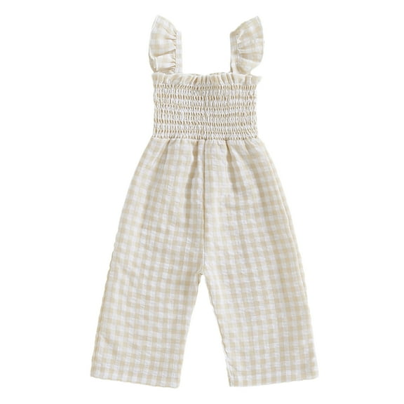 CQONEPT Girls' Plaid Overalls Elastic Waist Lounge Loose Sleeveless Jumpsuit Wide Leg Summer Beach Fashion Rompers Khaki 2 Years