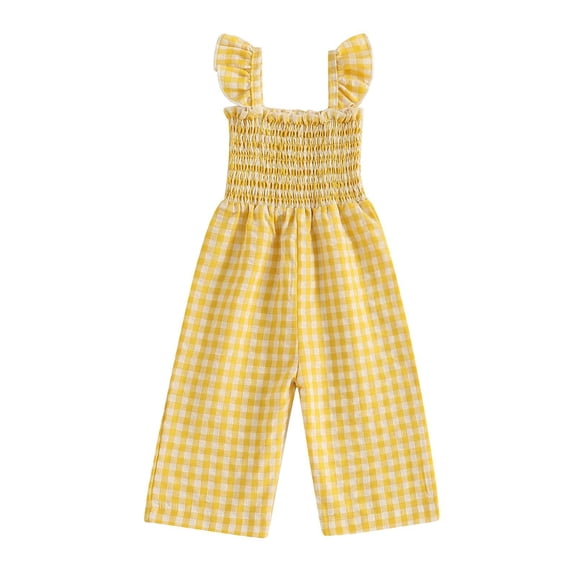 CQONEPT Girls' Plaid Overalls Elastic Waist Lounge Loose Sleeveless Jumpsuit Wide Leg Summer Beach Fashion Rompers Yellow 3 Years