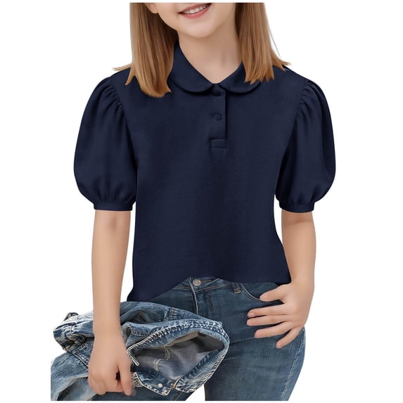 CQONEPT Girls Shirts Puff Sleeve Tops School Uniform T Shirts Summer Casual Button Blouses Tee for Kids Navy 5-6 Years