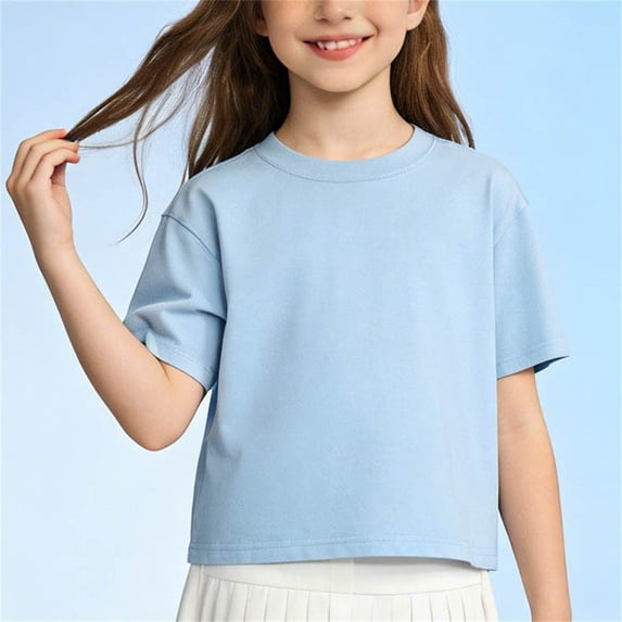 CQONEPT Girls Short Sleeve Shirts Soft Cotton Tshirts Kids Summer Fashion Plain Crewneck Tees Tops Trendy Clothes Light Blue 2-3 Years