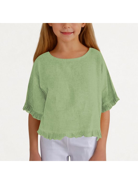 Girls Summer Casual T Shirts Crewneck Cotton Linen 3/4 Sleeve Ruffle Crewneck Solid Color Tee Tops Green 9 Years