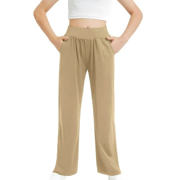 CQONEPT Girls Sweatpants Wide Leg High Waist Baggy Casual Pants Workouts Activewear Trendy Solid Cute Pants Khaki 5 Years