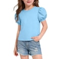 thumbnail image 1 of CQONEPT Girls T Shirt Puff Short Sleeve Shirts Summer Lounge Fashion Crewneck Solid Color Tops Tee Blue 9-10 Years, 1 of 6