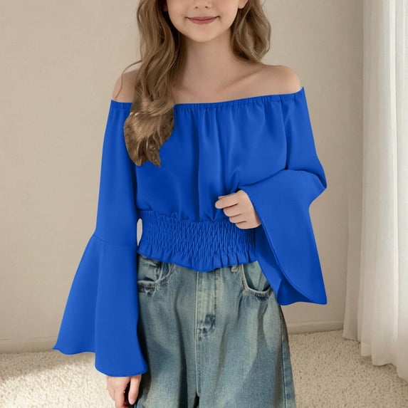 CQONEPT Girls Tops Batwing Sleeve Off The Shoulder Blouse Teen Girls Tunic Crop Tops Fashion Dance Clothes Blue 5-6 Years