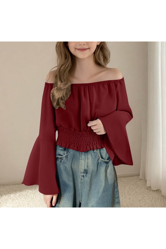 Girls Tops Batwing Sleeve Off The Shoulder Blouse Teen Girls Tunic Crop Tops Fashion Dance Clothes Wine 5-6 Years