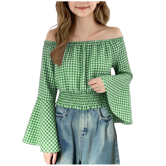 CQONEPT Girls Vintage Court Shirts Off the Shoulder Flare Sleeve Crop Tops Renaissance Tunic Blouse Tops Green 7 Years