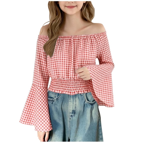 CQONEPT Girls Vintage Court Shirts Off the Shoulder Flare Sleeve Crop Tops Renaissance Tunic Blouse Tops Pink 5 Years